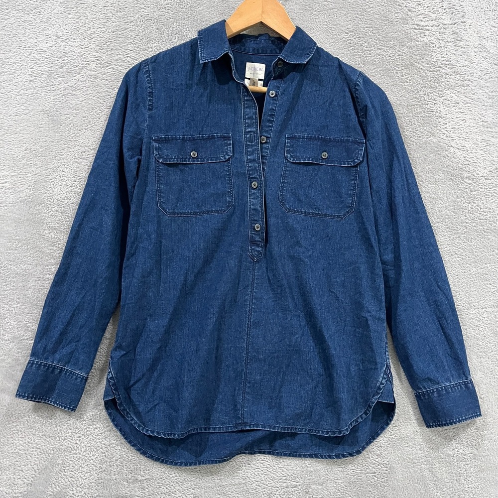 J.Crew Jean Shirt Top Womens XXS Blue Denim Boy Fit Long Sleeve Collared Popover